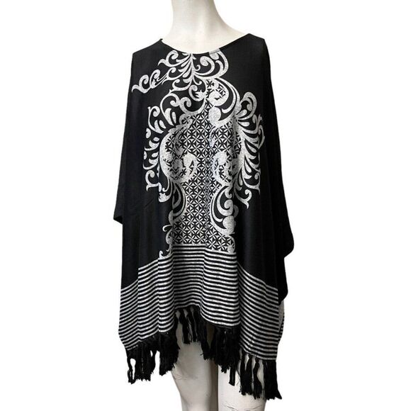 Black And Gray Poncho With Fringe Pullover One Size Ornate Design Striped NWT - Picture 1 of 4